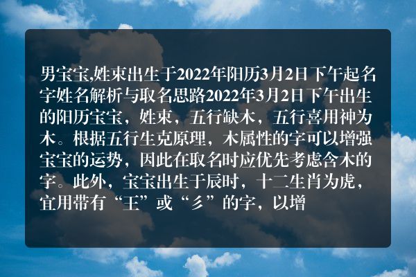 男宝宝,姓束出生于2022年阳历3月2日下午起名字