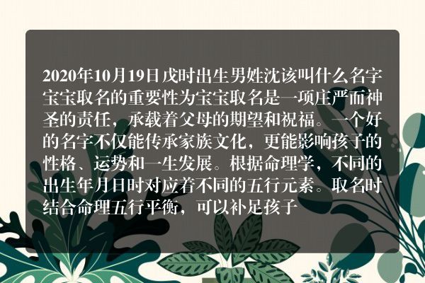 2020年10月19日戊时出生男姓沈该叫什么名字