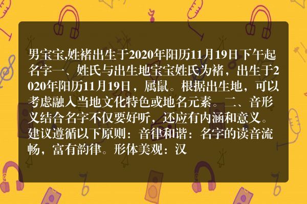 男宝宝,姓褚出生于2020年阳历11月19日下午起名字