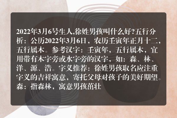 2022年3月6号生人,徐姓男孩叫什么好?