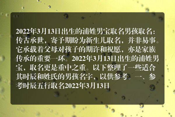 2022年3月13日出生的浦姓男宝 取名