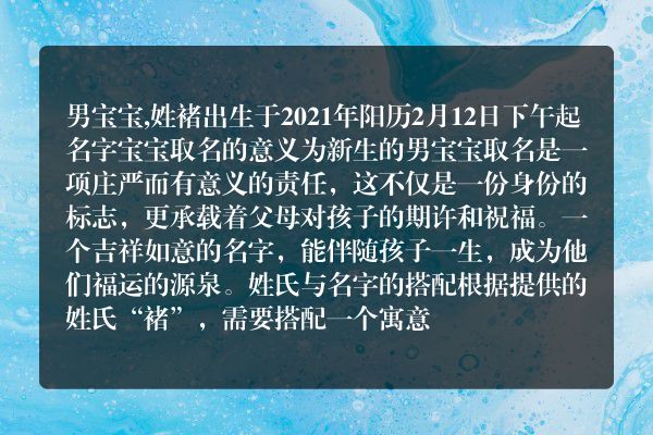 男宝宝,姓褚出生于2021年阳历2月12日下午起名字