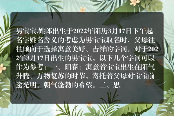 男宝宝,姓郎出生于2022年阳历3月17日下午起名字