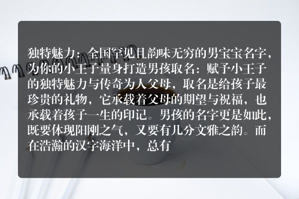 独特魅力：全国罕见且韵味无穷的男宝宝名字，为你的小王子量身打造