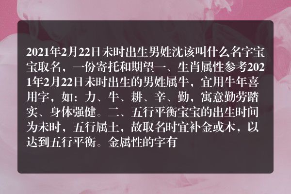 2021年2月22日未时出生男姓沈该叫什么名字